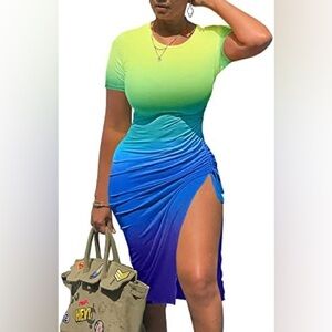 D151 NIB GOKATOSAU Short Sleeve Side Split Bodycon Ruched Midi Dress - Size: M